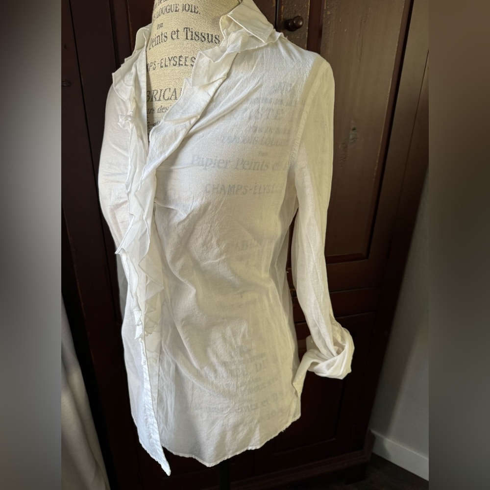 Express Medium 100% Cotton Button Down Ruffled Top - image 6